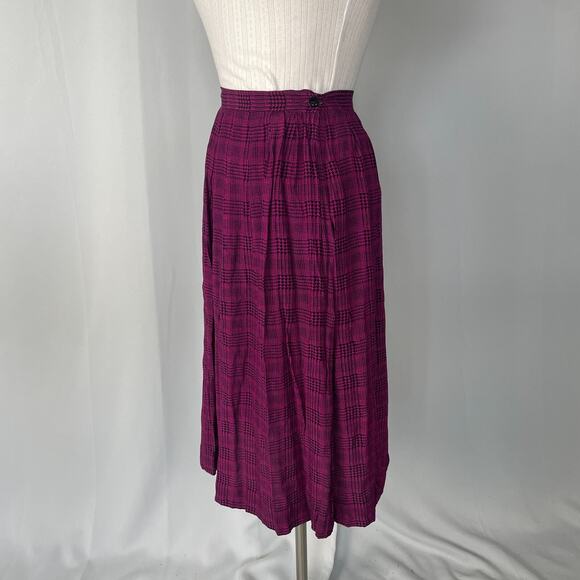 Vintage Pleated Skirt Size 8 Burgundy Black Houndstooth Midi Preppy Academia 90s - Picture 6 of 16